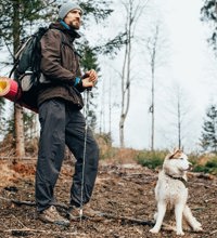 Mand og hund ude på tur i skoven.