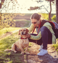 Hund og kvinde ude i naturen. Kvinde sidder på hug og kigger efter flåter på sin hund.